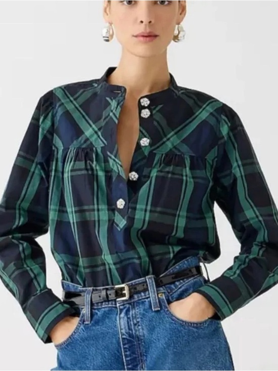 J. Crew Tops - J. Crew Green and Navy Plaid Button-Front Shirt, Size 2